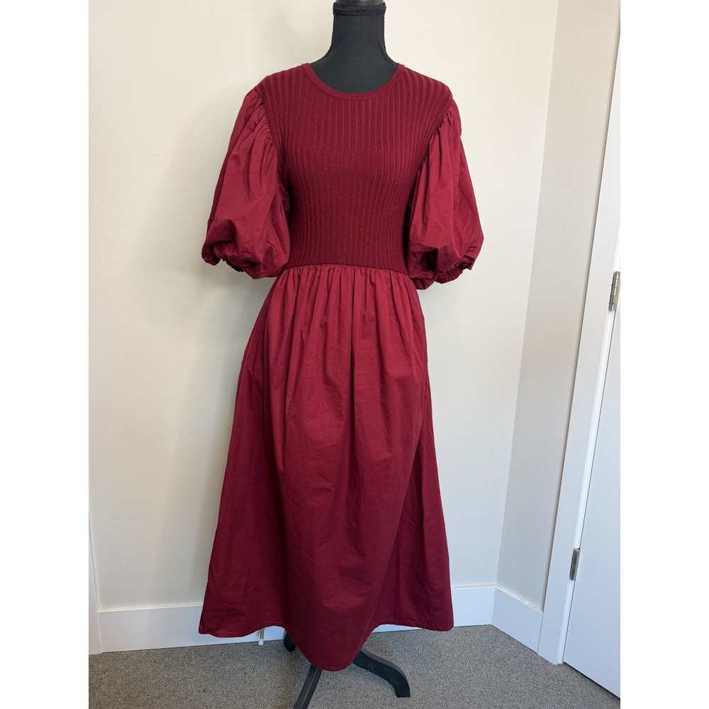 Sofie the Label Burgundy Ribbed Knit Mixed Media Puff Sleeve Midi Dress S